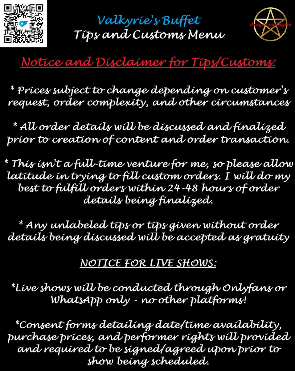 Dragonsalkyrie3's tweet photo. Subscription Prices and Tips/Customs Menu as of 5/15/26
#onlyfans #OFmenu #ContentCreator
https://t.co/QQdw45lxKy https://t.co/f8ANTR3Mt8