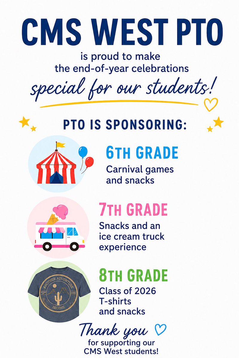 pto_cms's tweet photo. End-of-year celebrations are just around the corner! 🙌
Take a look at what the CMS West PTO is sponsoring:
🎪 6th Grade: Carnival games and snacks!
🍦 7th Grade: Snacks and a fun ice cream truck experience!
👕 8th Grade: Snacks and official Class of 2026 T-shirts!

Thank you! https://t.co/oIO4R1uZZm