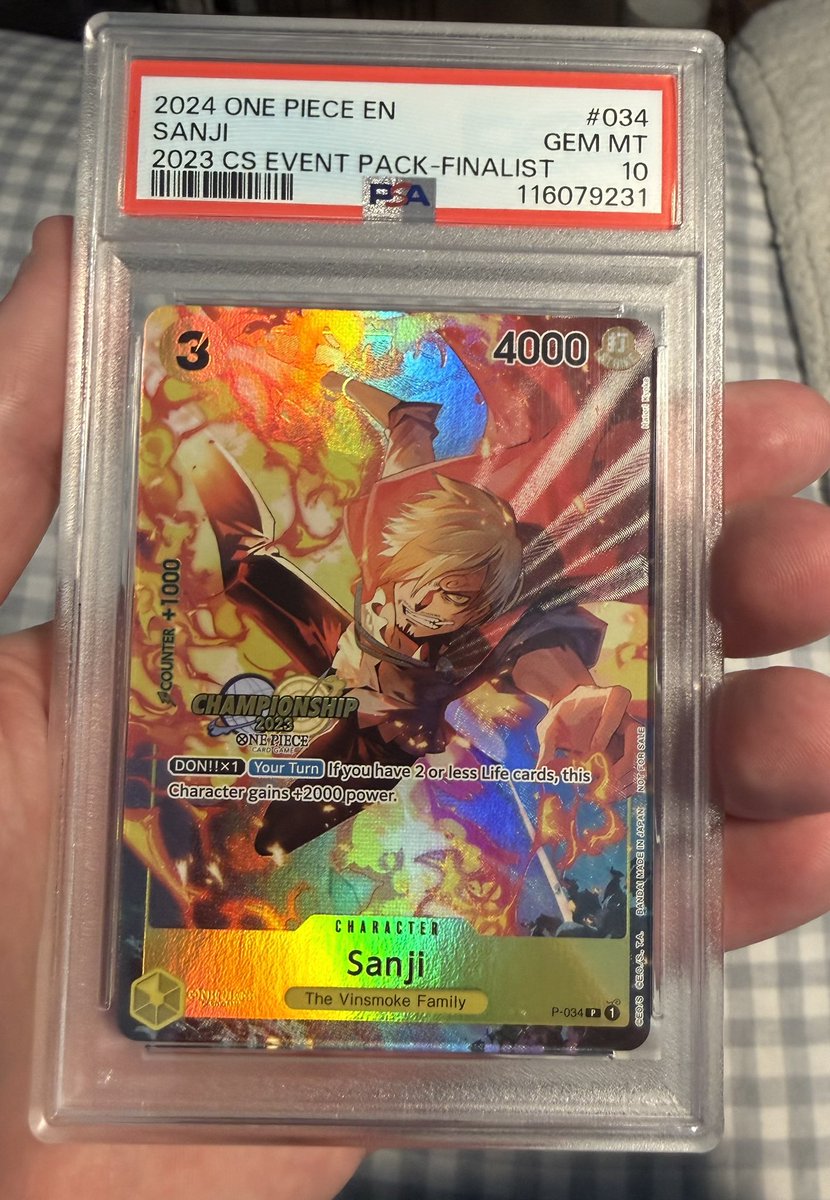 Omega1308's tweet photo. Got a super sick pickup at the Dallas card show today. 2023 championship textured finalist Sanji. Low pop and my first big Sanji card https://t.co/4cH50NpmV6