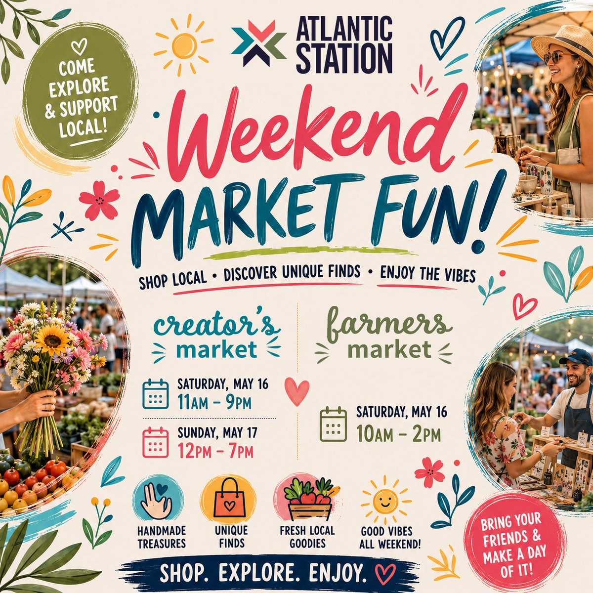 CreatorsMktAS's tweet photo. ✨ THIS WEEKEND = SHOP LOCAL ✨
Come spend the weekend with us @AtlanticStation for shopping, good vibes, from handmade treasures, jewelry, soaps &amp; amazing local finds!
@CreatorsMktAS 
📅 Sat, May 16 | 11 AM – 9 PM
📅 Sun, May 17 | 12  – 7 PM
FARMERS MARKET
📅 Sat | 10 AM – 2 PM https://t.co/qlQfZeOB7I