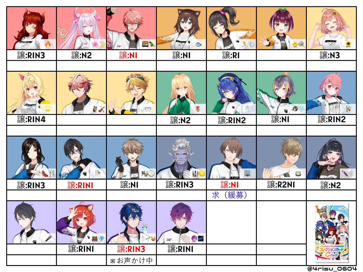 st_dfnd's tweet photo. 【交換・譲渡】にじさんじ にじフェス2026 コレクションカード コレカ

求:画像1～5
＞R140円N80円/枚

譲:画像2～5(ABCF)、6枚目以降の過去コレカ

譲の赤字とシクは、求の青字との交換不可・譲渡不可。
譲🚺⇔求🚹や求シクには比率違い可。
R単体譲渡不可。
にじフェス両日手渡し。 https://t.co/z18rGMboQs