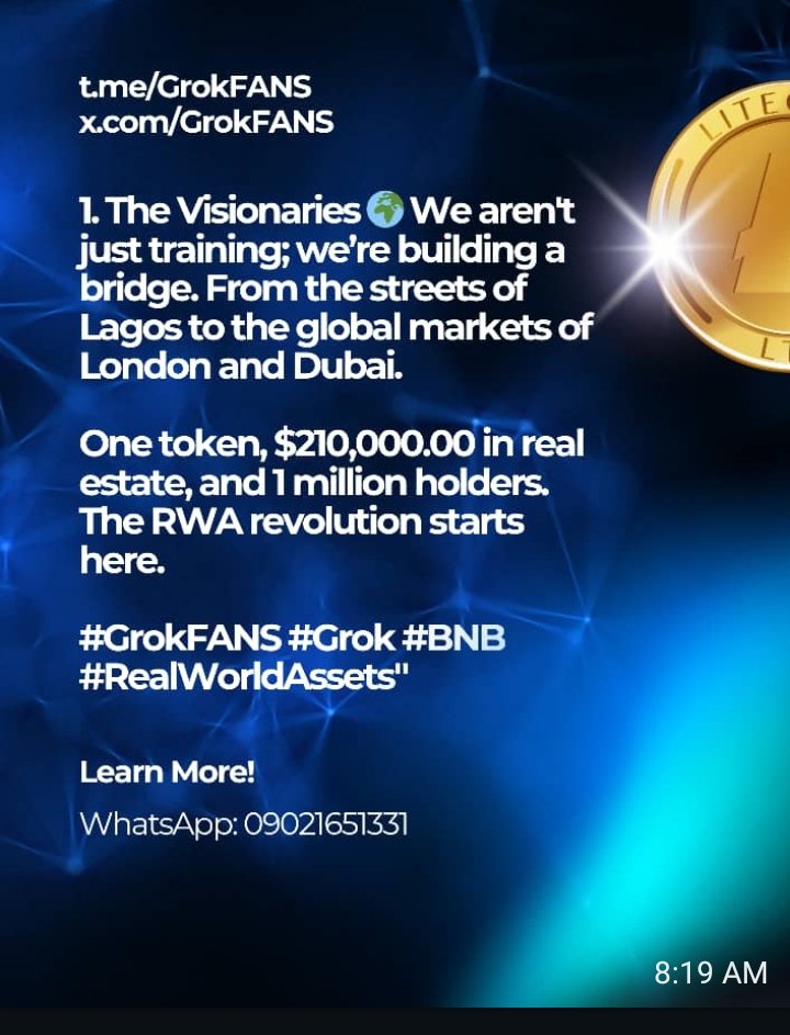 lolamozyz's tweet photo. 1. The Visionaries 🌍 We aren't just training; we’re building a bridge. From the streets of Lagos to the global markets of London and Dubai. 

One token, $210,000.00 in real estate, and 1 million holders. The RWA revolution starts here.

#GrokFANS #Grok #BNB #RealWorldAssets" https://t.co/2zvC5p3goN