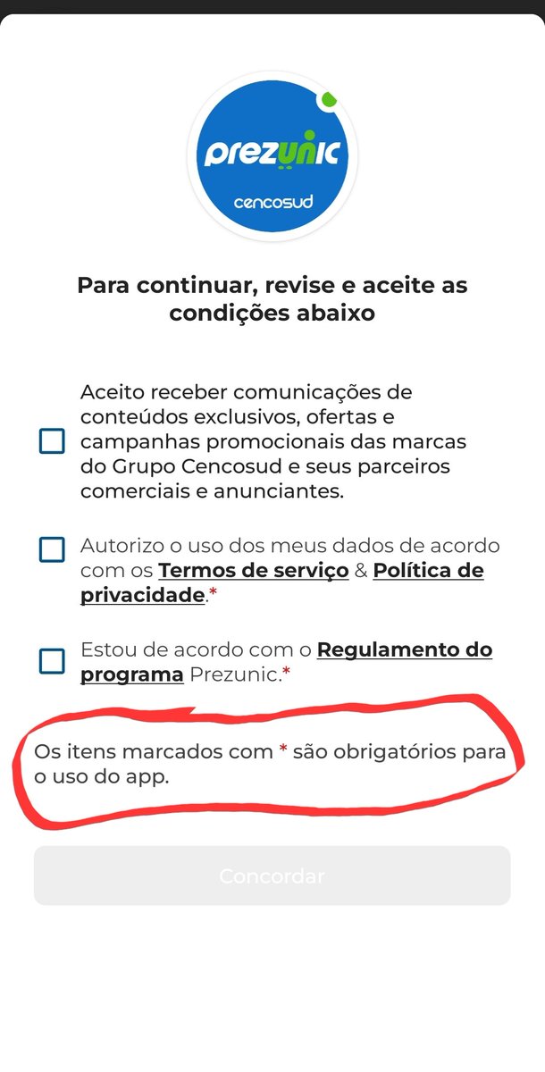 MarcosPersonalR's tweet photo. Olhem a covardia que esse @Grupocencosud vulgo Supermercados Prezunic, só libera o acesso ao APP aos clientes se os mesmos permitirem que a empresa compartilhe seus dados! @MP_RJ https://t.co/fjZFqRtP6G