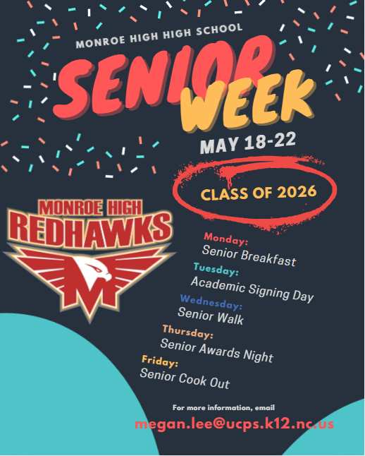 MonroeHSNC's tweet photo. 💥Seniors💥 Check your email for SENIOR WEEK details! Remember you must present your Senior Card to enter each event. Can’t wait to celebrate you all there!!! #itsagreatdaytobeaseniorredhawk #redhawkpride @UCPSNC @AGHoulihan https://t.co/T9HziYrfgh