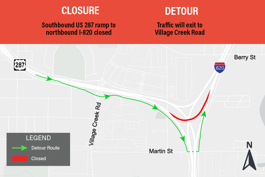 SE_Connector's tweet photo. Interchange Ramp Closure:

Southbound US 287 ramp to northbound I-820 closed.
From 9 PM Friday, May 15 until 6 AM Monday, May 18.

Traffic will exit to Village Creek Road and U-turn at Martin Street.

Please visit https://t.co/3GvI6FNOjw for a full list of all upcoming closures. https://t.co/wg6c3FJKpR