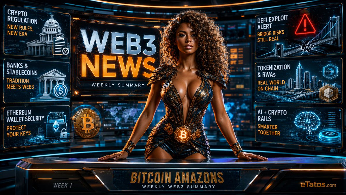 BitcoinAmazons's tweet photo. Web3 this week:

Politicians are writing crypto rules.
Banks are panicking about stablecoins.
Ethereum is fixing wallet safety.
DeFi got another security slap.
AI wants crypto rails.

The Amazons call this: Finally getting interesting.

#Web3 #Crypto #BitcoinAmazons  
#eTatos https://t.co/2LIN2aS7I5