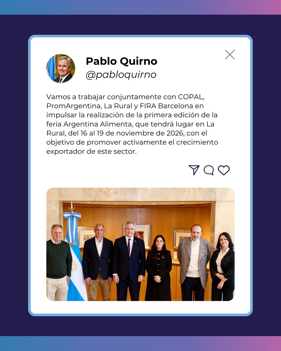 COPAL_ar's tweet photo. 🤝 Ayer nos reunimos con @pabloquirno , Canciller de la República Argentina, para conversar sobre el rol estratégico de la industria de alimentos y bebidas y los desafíos vinculados al crecimiento exportador del sector.

📢 Nos pone muy contentos anunciar que estará participando del lanzamiento de Argentina Alimenta el próximo 19 de mayo.

🌍 Generar estos espacios de diálogo e intercambio es fundamental para seguir impulsando el desarrollo y la internacionalización de la industria argentina de alimentos y bebidas. 🇦🇷

#ArgentinaAlimenta2026 #COPAL #Industria #AlimentosyBebidas #Exportaciones