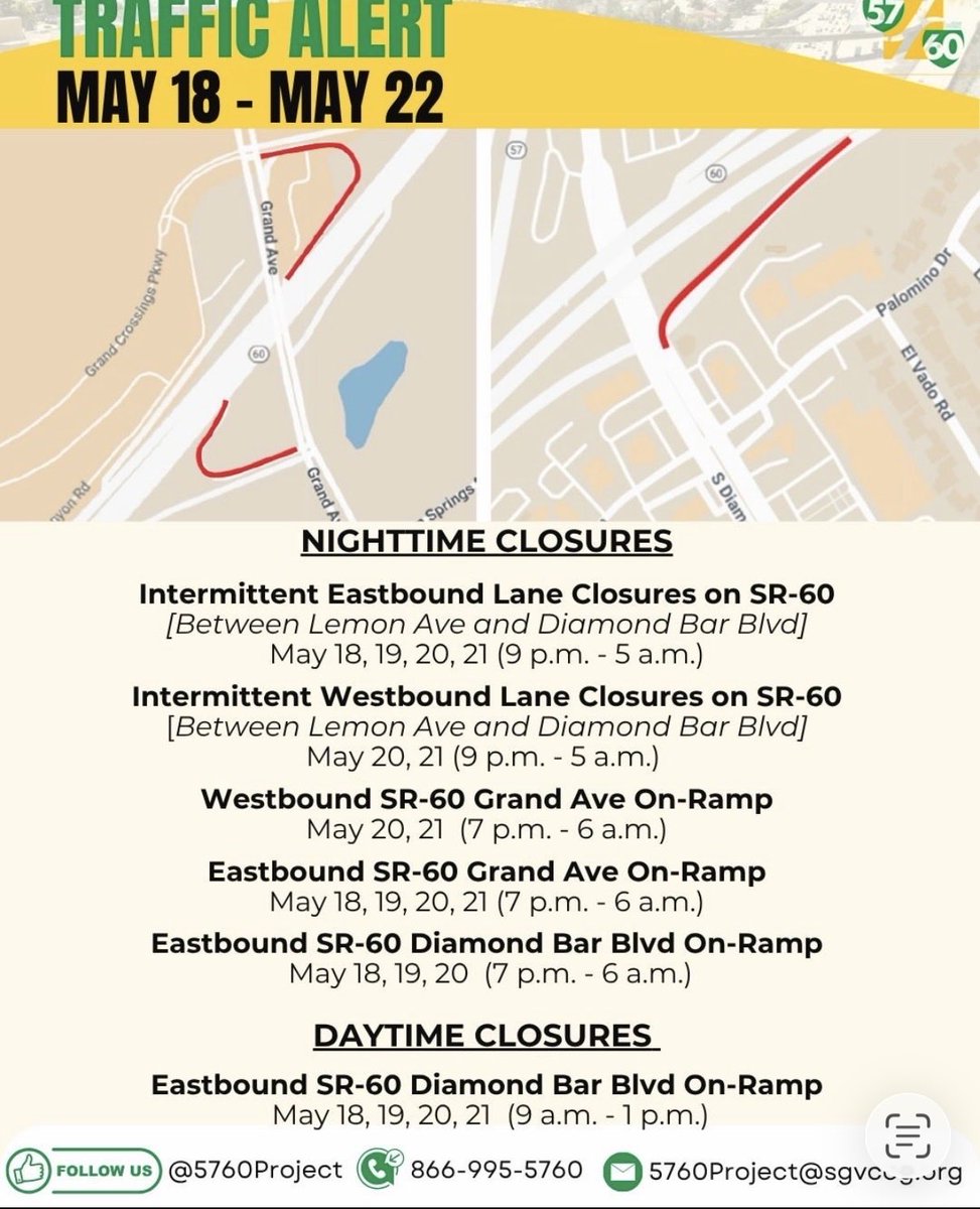 5760Project's tweet photo. 🚧 TRAFFIC ALERT: May 18–22 🚧
Nighttime closures scheduled on SR-60 near Grand Ave &amp; Diamond Bar Blvd, including lane and on-ramp closures. Most work occurs 7 p.m.–6 a.m. Plan ahead and use alternate routes when possible. #SR60 #Route57 #TrafficAlert https://t.co/DUPL643Y7g
