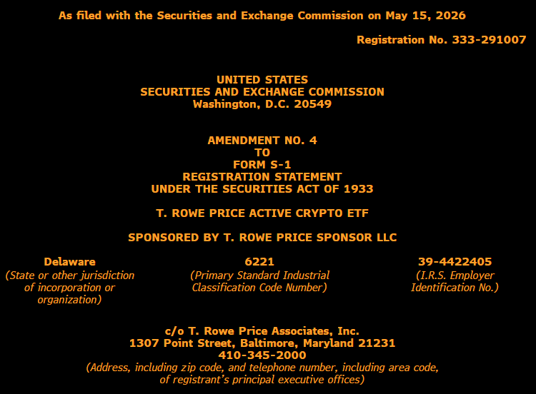 JSeyff's tweet photo. Also today: @TRowePrice filed a 4th amendment for their actively managed crypto ETF. Likely coming soon? https://t.co/r4cZTU5i9C