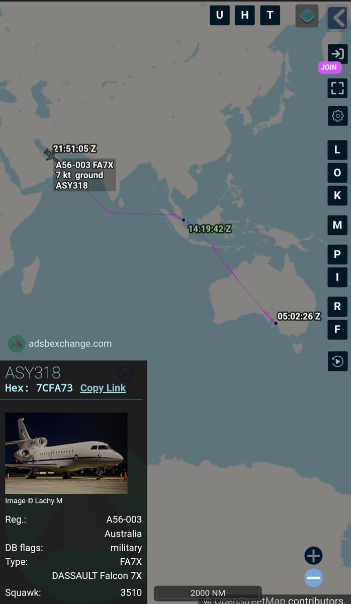 Borrowed7Time's tweet photo. Australia AF Falcon 7X A56-003 #7CFA73 as ASY318 flew from Adelaide via Singaporte to Abu Dhabi.
@sipjack1776 @CeciliaSykala @LadyAstroJet https://t.co/u2r7fUEnzZ