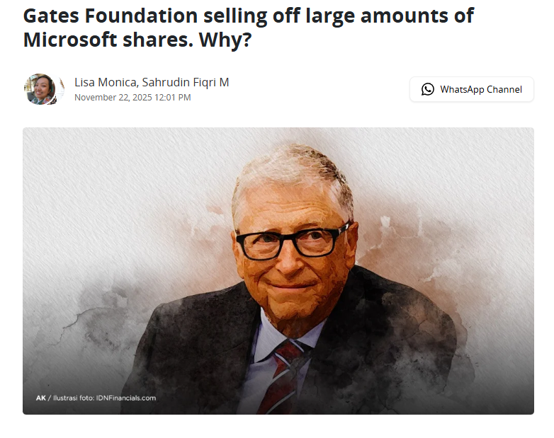 WallStreetMav's tweet photo. Bill Gates' foundation sold the remaining shares it owned in Microsoft during the 1st quarter of 2026.

Previously, the Gates Foundation Trust sold 65% of its Microsoft (MSFT) stake in Q3, reducing the position from $13.9 billion to $4.76 billion.

The founder of the company, who once held as much as 49% of Microsoft after the IPO, still has some shares that he owns in his personal name. If he had never sold any shares, he would likely be worth over $1 trillion today.