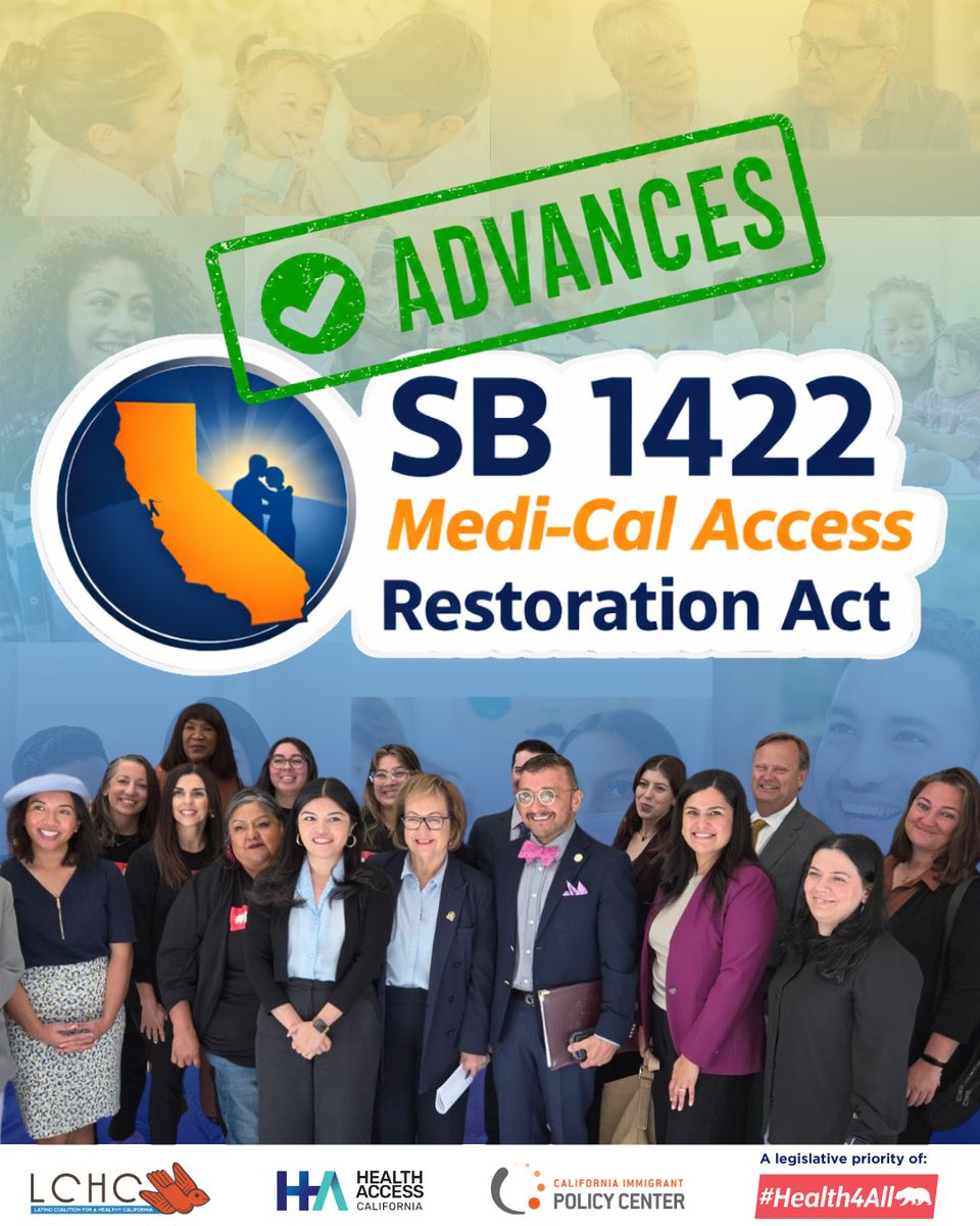 LCHC_CA's tweet photo. SB 1422 passed out of Senate Appropriations Committee! ✊🏽

SB 1422 represents another critical opportunity to end the dangerous Medi-Cal freeze currently preventing people from accessing the care they need!

Thank you to Senate leaders Appropriations Chair Cervantes, our author Senator Durazo, and Pro Tem Limón for their  leadership in fighting for immigrant communities and healthcare access for all Californians.

#SB1422 #Health4All #HealthcareJustice #MediCal #California @MariaEDurazo @SenCervantes @MoniqueLimonCA