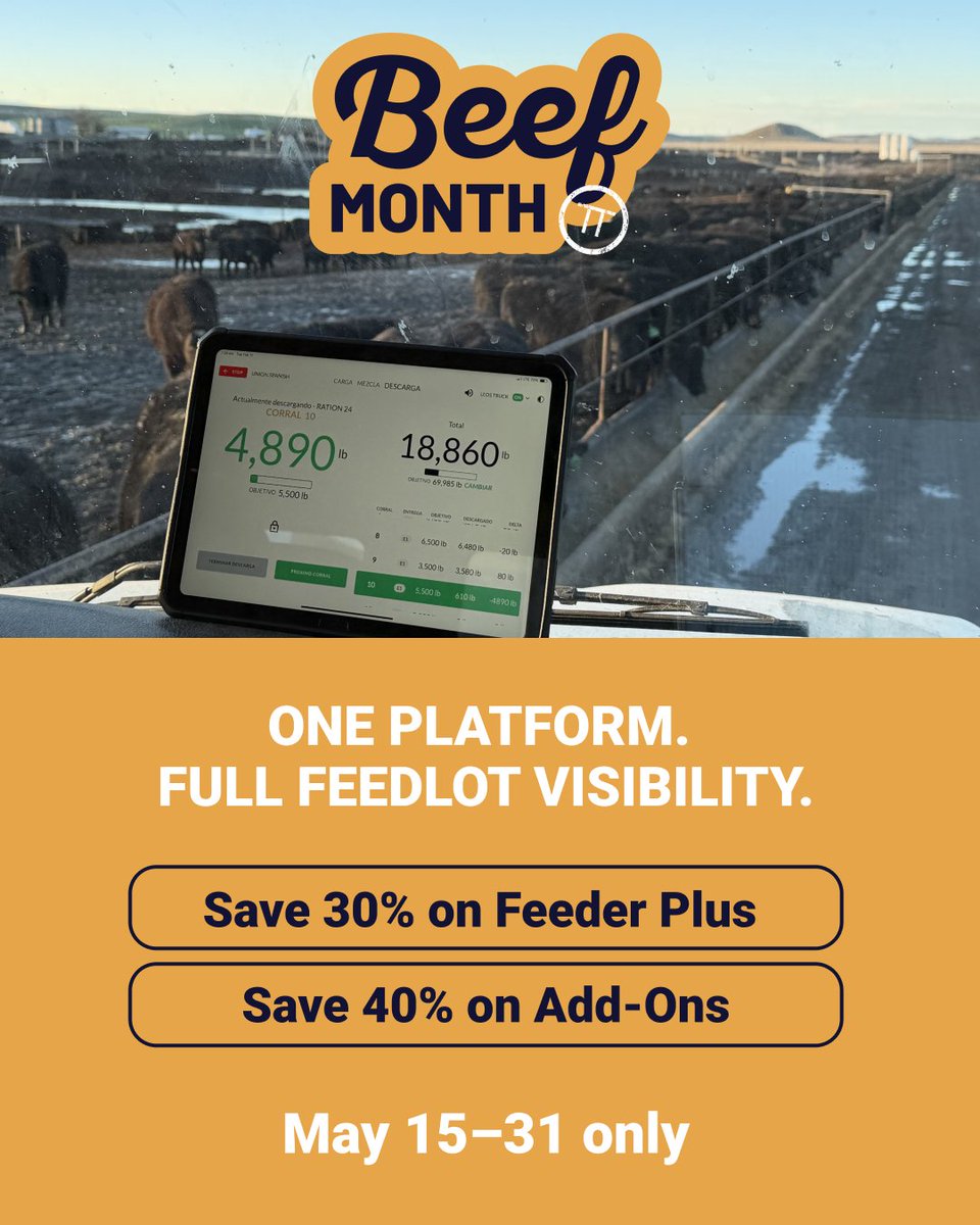 Cattler2's tweet photo. Starting today — our biggest offer of the year is live for Beef Month.Starting today — our biggest offer of the year is live for Beef Month.
If you've been putting off going digital, or every closeout still means another spreadsheet headache, this one's for you.

You have until May 31st. Don't sit on it.

👉 Book your demo slot now — https://t.co/jiaG7h9DQN 

#cattler #beef #feedlot #chute #feedyard #cattlefeeding #beefhealth #cattlemanagement #feedlotmanagement #americanbeef #agtech