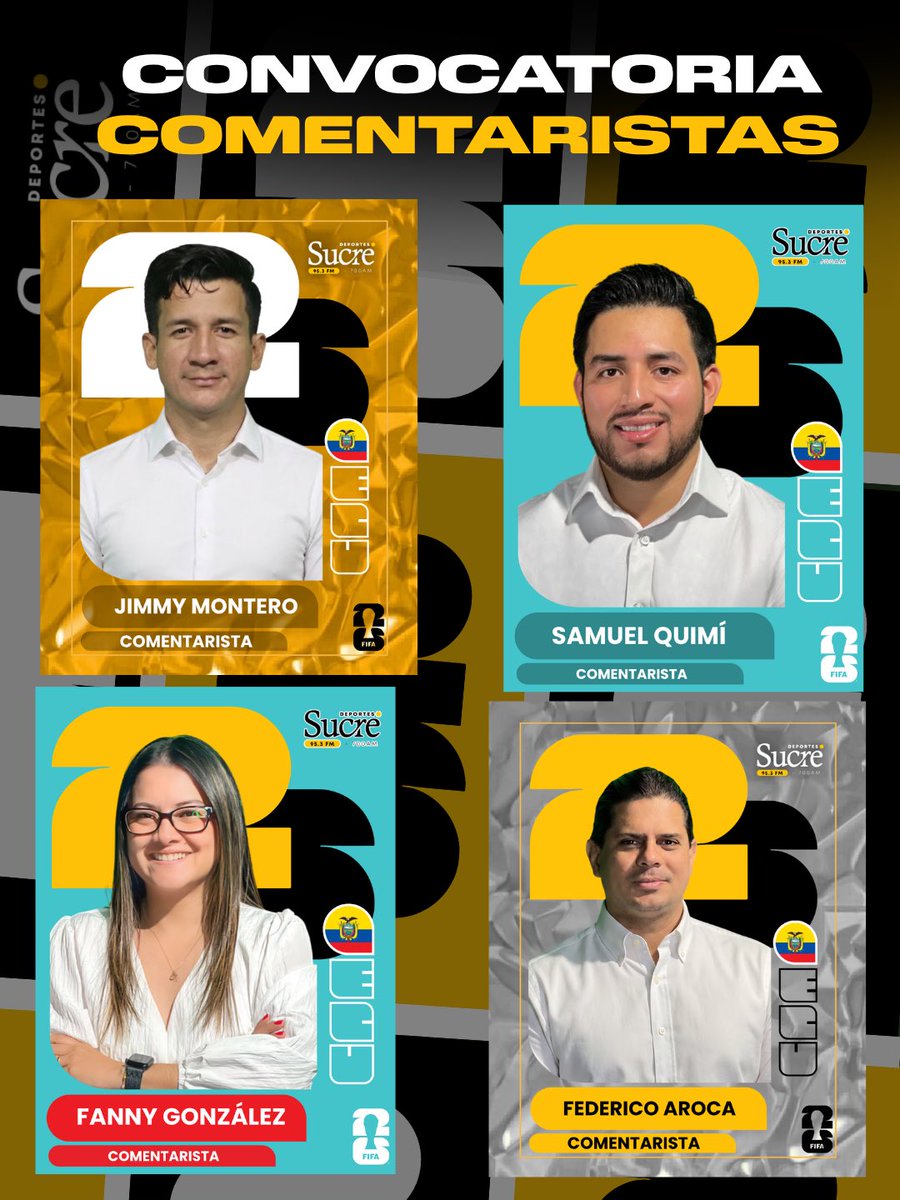 sucredeportesec's tweet photo. 🤩 ¡ÁLBUM LLENO! 🇲🇽🇨🇦🇺🇸
📻 Oficialmente te presentamos a los encargados de traerte todas las emociones de la #FIFACopadelMundo 🏆, todo esto por Radio Sucre 🎤📻.
#SucreDeportes
#SucreMundial https://t.co/lIY2oHKi5V