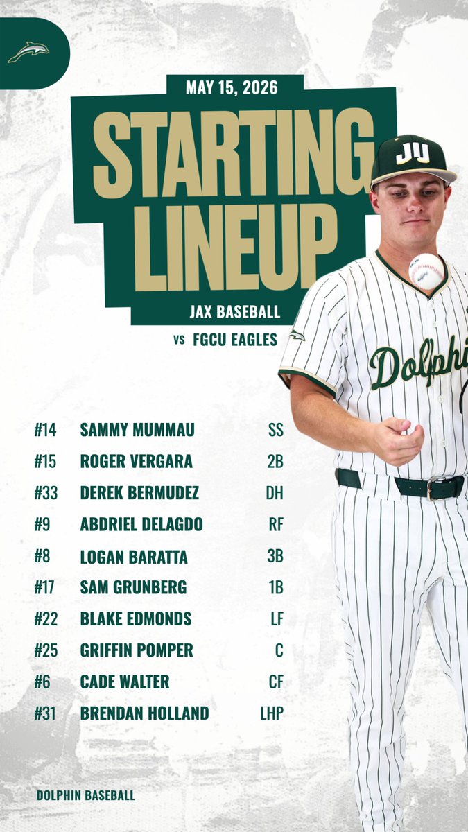 JUBaseball's tweet photo. Our Friday Starters 📝

#JUPhinsUp https://t.co/vUCq5xrWSU