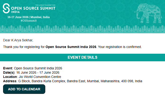 intel_ears's tweet photo. Mumbai, mi yet aahe 🙏🏻

I will be attending Open Source Summit India 2026 (June 16–17) . Can't wait to meet folks from the community. See you there? 👋

#OSSummit #OpenSource https://t.co/Hj22dLeNYF