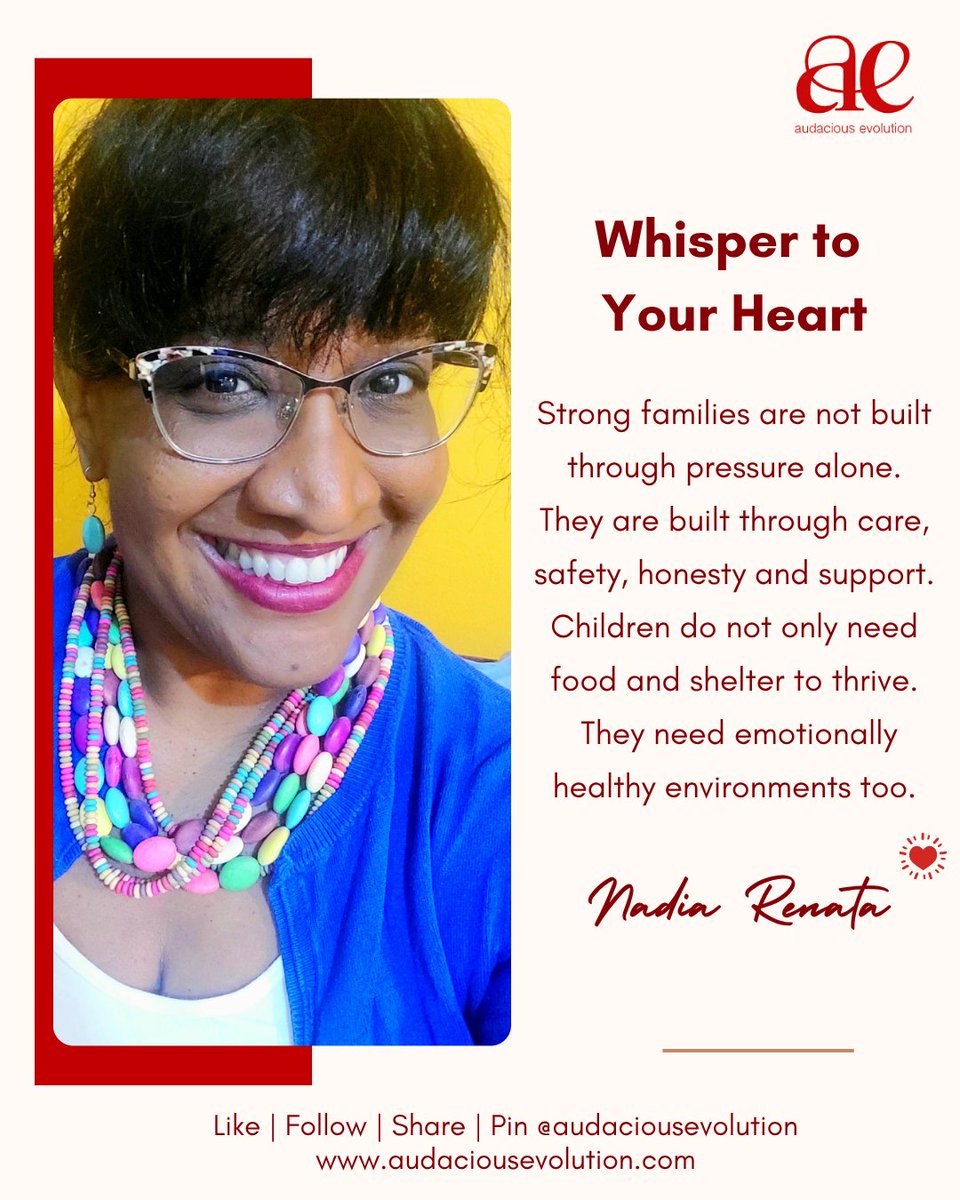 AudaciousTT's tweet photo. Whisper to Your Heart

Strong families are not built through pressure alone.
They are built through care, safety, honesty and support.
Children do not only need food and shelter to thrive.
They need emotionally healthy environments too.

— Nadia Renata | Audacious Evolution https://t.co/A1WyoZVhYl