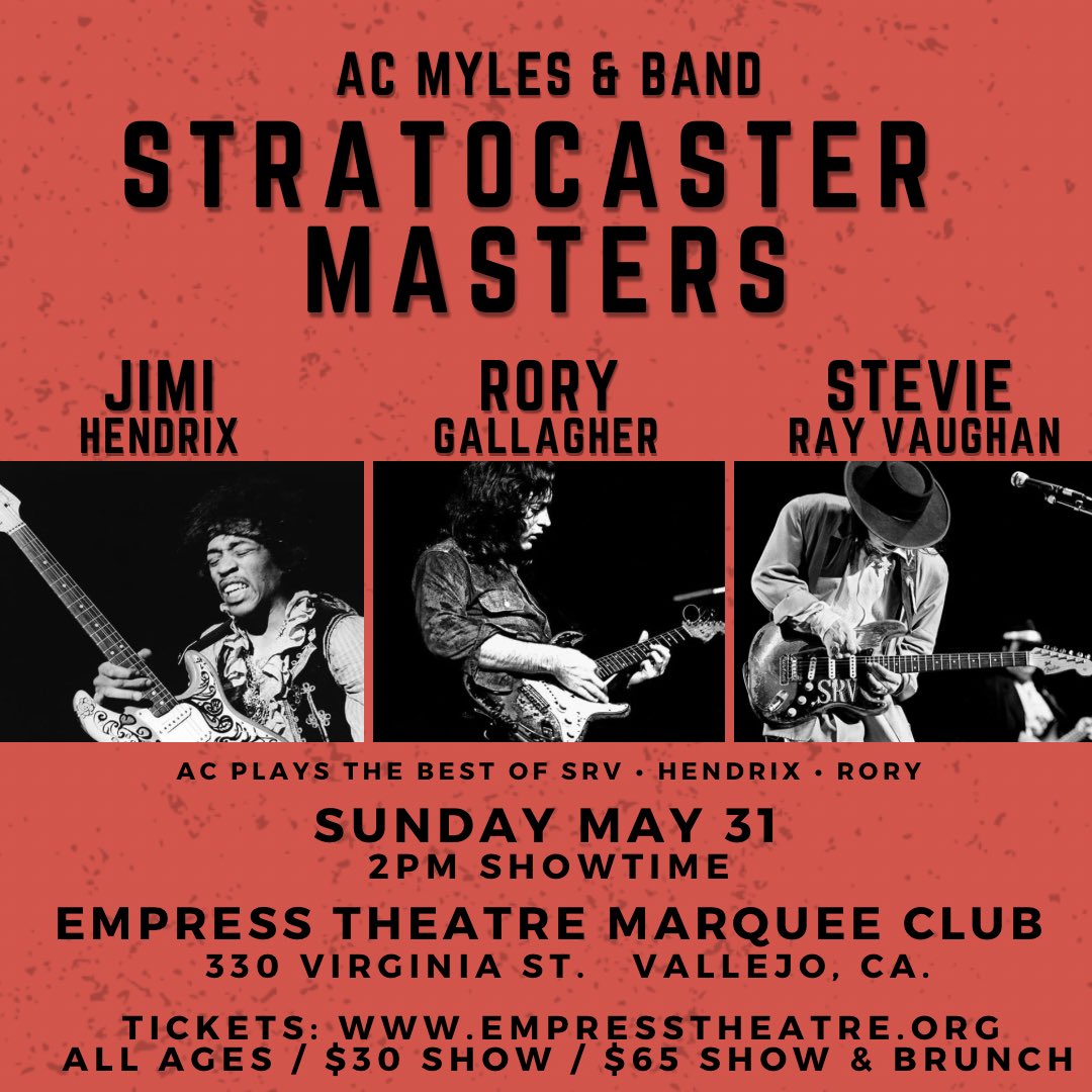 ACMyles's tweet photo. Sun May 31st in Vallejo!
All Ages / $30 show / $60 brunch &amp; show / 2p / Tix: https://t.co/bnhyZfFdry

MUST SEE electric guitar tribute to three legends of the iconic Fender Stratocaster. Stevie Ray Vaughan, Jimi Hendrix &amp; Rory Gallagher.

#srv #hendrix #rory https://t.co/MRBRxobY6k