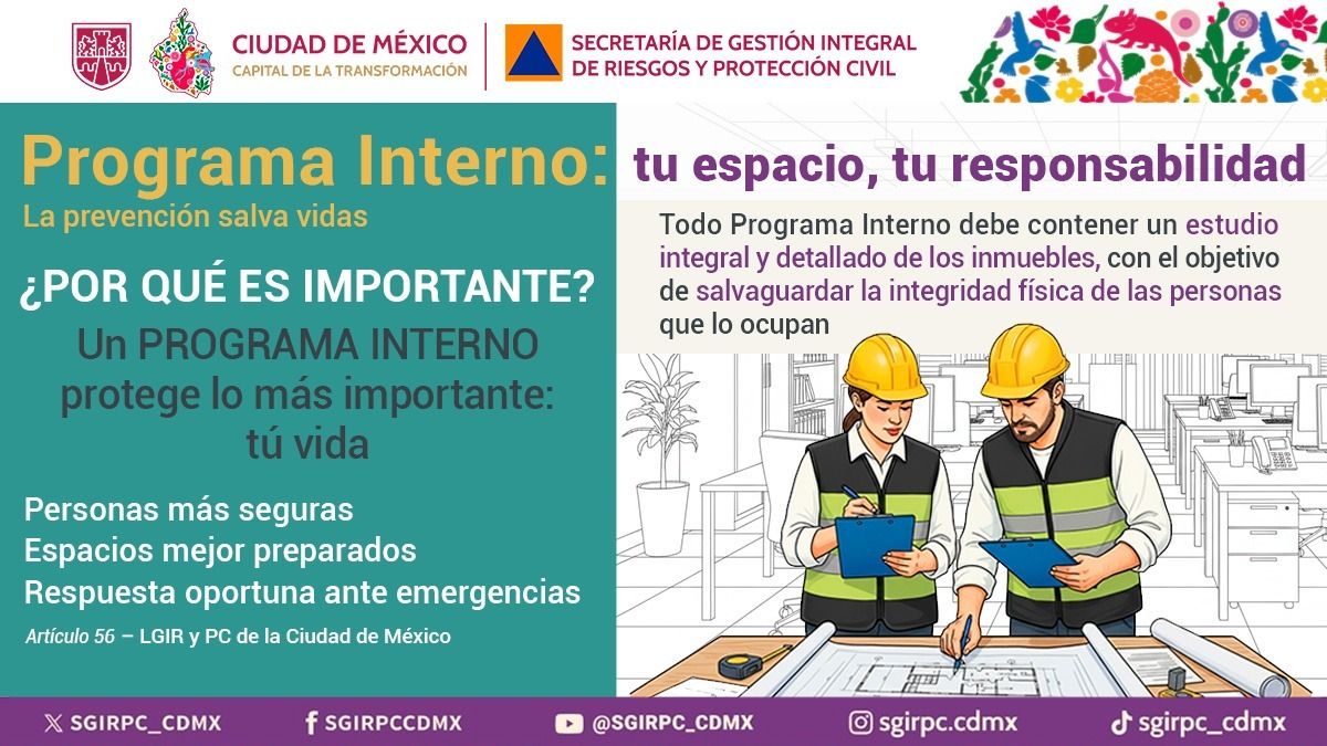 SGIRPC_CDMX's tweet photo. 🦺 Los Programas Internos de Protección Civil #PIPC fortalecen la cultura de la prevención y la autoprotección en centros de trabajo, escuelas, instituciones públicas y espacios comunitarios.
Son una herramienta clave para identificar riesgos, organizar la respuesta ante emergencias y proteger la vida de las personas.
👉 ¿Ya cuentas con tu Programa Interno de Protección Civil Elabóralo, actualízalo y participa activamente en tu entorno.
#LaPrevenciónEsNuestraFuerza #ProtecciónCivil #GestiónDeRiesgos #CulturaDeLaPrevención