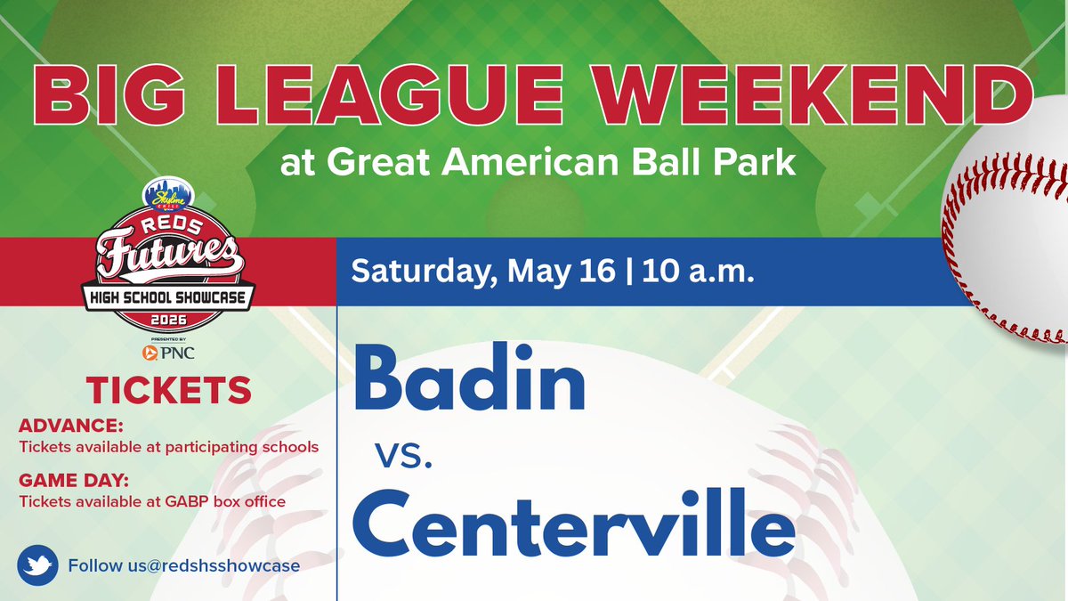 redshsshowcase's tweet photo. Badin will take on Centerville in game 1/3 at Great American Ballpark on Saturday for Big League Weekend!

@RAMSSPORTS @BadinBaseball 
@chselksad @CHSElkBaseball https://t.co/BiFK5pVFw6