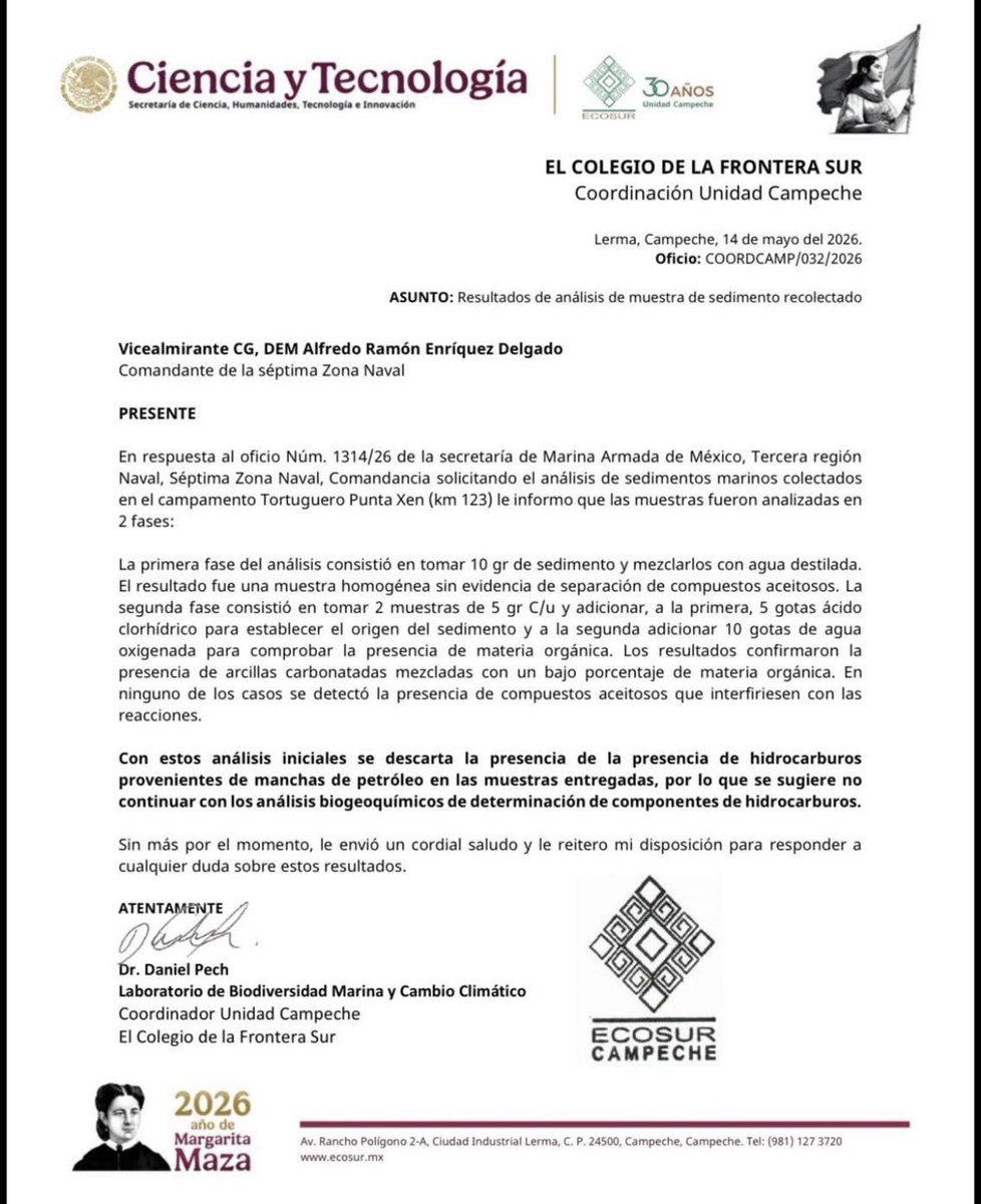 Desoxy64's tweet photo. Como que el Dr. Daniel Pech no es muy brillante. O lo están usando. Primero, una sola muestra no es representativa. Luego, hay métodos más sensibles para determinar la presencia de hidrocarburos en muestras de agua y sedimentos: cromatografía de gases (la más recomendable). https://t.co/38Sp4wUQxi