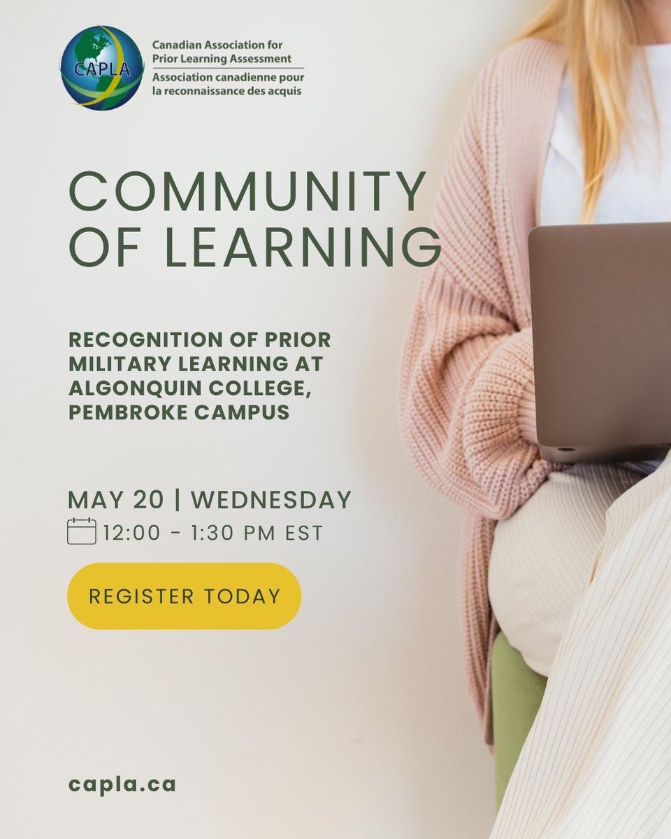 CAPLARFL's tweet photo. CAF experience = academic credit? 🎓

Join us May 20 to learn how Algonquin College (Pembroke Campus) recognizes prior military learning based on rank &amp; training.

🎤 Featuring Lee Anne Johnston
🕛 12–1:30 PM EST
🔗 https://t.co/4tQLiMqpyy 

#PLAR #RPL https://t.co/9XLZktsMAX
