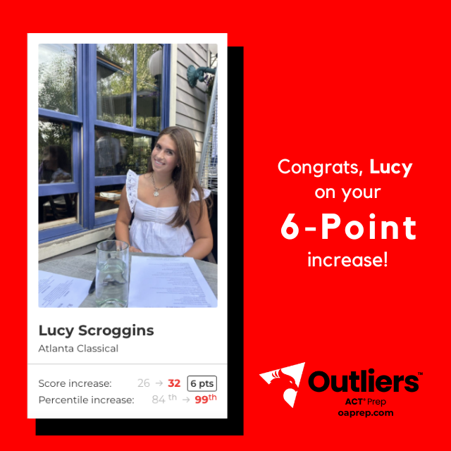 ACTprep's tweet photo. Congrats to Lucy Scroggins from Atlanta Classical Academy for increasing 6 points from a 26 to a 32! #act #college #actprep #ACT #tutoring #studentsuccess https://t.co/VYtCWCezTL