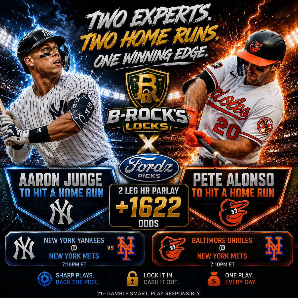 B_Rocks_Locks's tweet photo. 🚨 B-ROCK x FORDZ COLLAB 🚨

We’re swinging for the fences tonight 😤⚾️

🟢 Aaron Judge HR
🔵 Pete Alonso HR

2 LEG HR PARLAY
💰 +1622 ODDS 💰

Two monsters.
Two bombs.
One massive cash ticket.

Judge in the Subway Series.
Pete at Camden.
All it takes is ONE swing each 👀

Tail responsibly… but if this cashes, don’t act surprised 🔒
@FordzPicks

#BRocksLocks #FordzPicks #MLB #HomeRunParlay #AaronJudge #PeteAlonso #LockOfTheDay #SportsBetting #Baseball #GamblingX