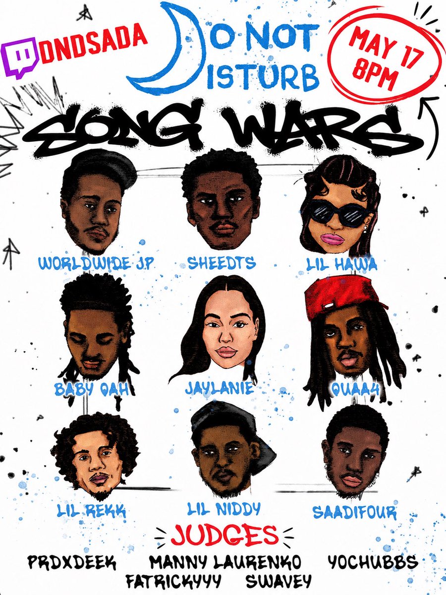 dndsada's tweet photo. SONG WARS ⚔️
THIS SUNDAY
MAY 17TH 8PM EST. 

LIVE ON TWITCH
https://t.co/6SrllRCQzn

WHO YALL GOT WINNING?? 🏆 https://t.co/aJUbZ98jaJ