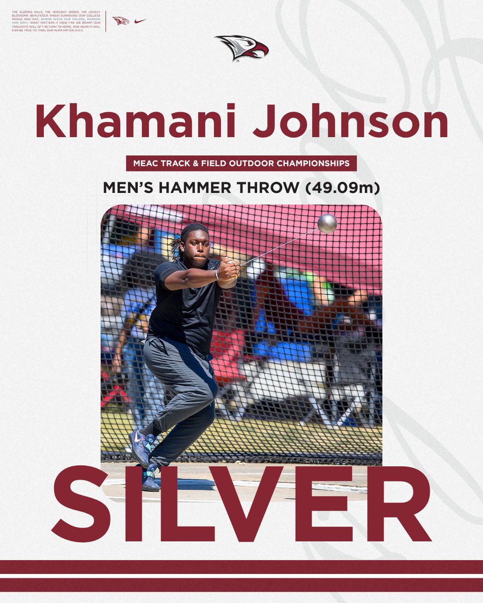 NCCUAthletics's tweet photo. SILVER🥈Khamani Johnson earned the Eagles' first silver medal at the MEAC Championships. Johnson finished second in the men’s hammer throw with a new personal-best mark of 49.09m. #EaglePride @NCCUTrack_Field https://t.co/xQK1aNYJct