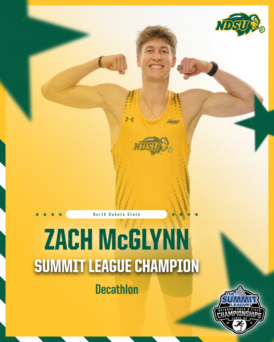 NDSUTrackField's tweet photo. 🥇 CHAMPION 🥇

School Record. Meet Record. Facility Record.

Zach McGlynn scores a lifetime-best 7,922 points to run away with the Summit League decathlon title! https://t.co/i9YlZv7lcP