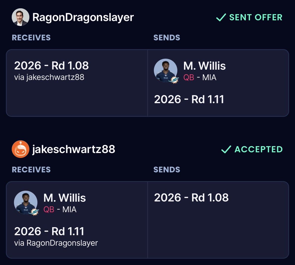 lilbitedown's tweet photo. BREAKING: Team jakeschwartz88 is sending the 8th pick in this years draft to Cobra Nix in exchange for the 11th pick and Malik Willis. https://t.co/sJk3DVyyHA