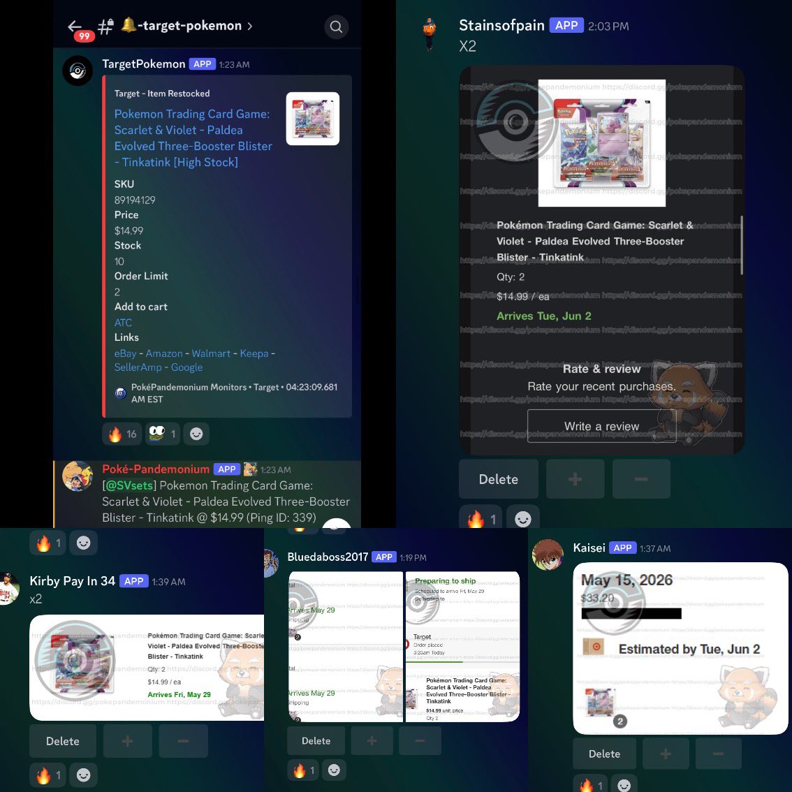 PokePandemonium's tweet photo. Other groups weren't even around yet when we added Paldea Evolved to our Target monitors.

It restocked last night at 1:23am PST. We pinged. They didn't. We had lots of easy checkouts with no competition.

Proof below.  
Join the group that’s been around since 2021. Link in bio.

#Pokemon #PokemonTCG #PaldeaEvolved #TargetDrop