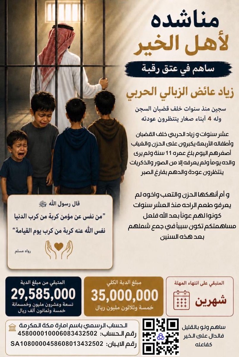 alhrby905591's tweet photo. ﴿ وَمَنْ أَحْيَاهَا فَكَأَنَّمَا أَحْيَا النَّاسَ جَمِيعًا ﴾

ساهموا في #عتق_رقبه_زياد_الحربي
 فربّ مساهمة بسيطة تكون سبباً في تفريج كربة ولمّة شمل بعد سنوات من الغياب 
رقم الحساب: 458000010006083432502

رقم الايبان: SA1080000458608013432502 https://t.co/KUIPTzUBf9