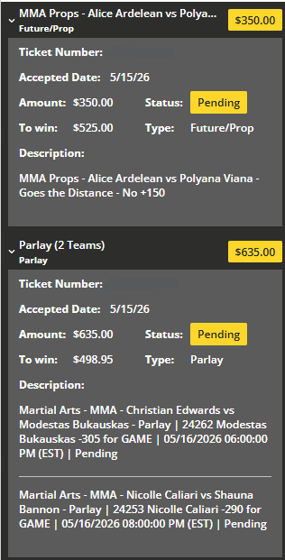 GrindingEddie's tweet photo. Sat May 16

#UFCVegas117:

Arnold Allen -118 (1.18/1.00)
Khaos Williams -112 (1.12/1.00)
Modestas Bukauskas/Nicolle Caliari -127 (1.27/1.00)
Alice Ardelean/Polyana Viana FDGTD +150 (0.70/1.05) https://t.co/gRXtvninTf