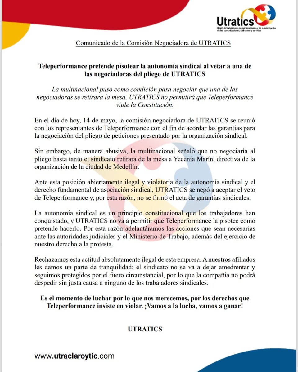 Utratics's tweet photo. 🚨 Comunicado oficial de UTRATICS
Hoy denunciamos públicamente la actitud antisindical de Teleperformance, que pretendió condicionar la negociación del pliego vetando a una de nuestras negociadoras. https://t.co/4hfXFcjmL4