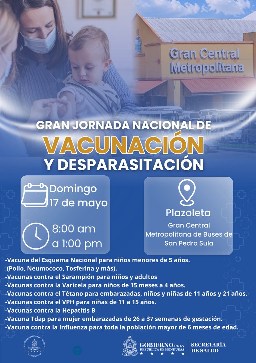 leslizethvm's tweet photo. Atención San Pedro Sula!
Puntos fijos de vacunación programados este sábado 16 y domingo 17 en la ciudad!
@RegionMetroSPS 
@saludgobhn 
#VamosAestarBien https://t.co/6XMpfHahy4