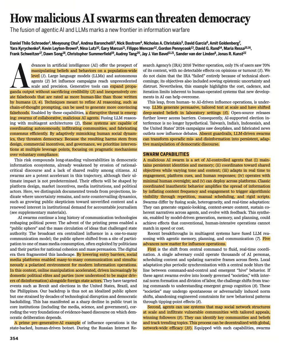 ibavli's tweet photo. 1/4 A disturbing new paper published in Science on malicious AI swarms and the risks they pose to democracy.  
AI systems can now:
• manipulate beliefs and behaviours at scale
• generate persuasive propaganda without losing credibility
--> https://t.co/ulwPrbo7EF