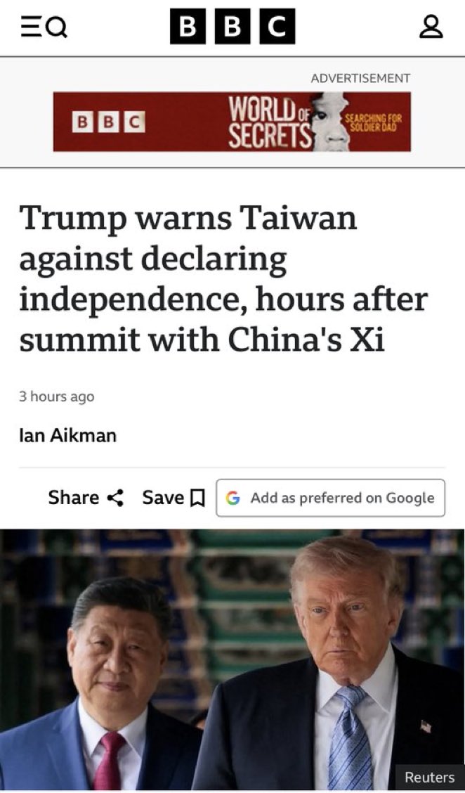 sohbunshu's tweet photo. トランプ、習近平との首脳会談後、台湾に対し独立しないように警告 https://t.co/812N52nglB