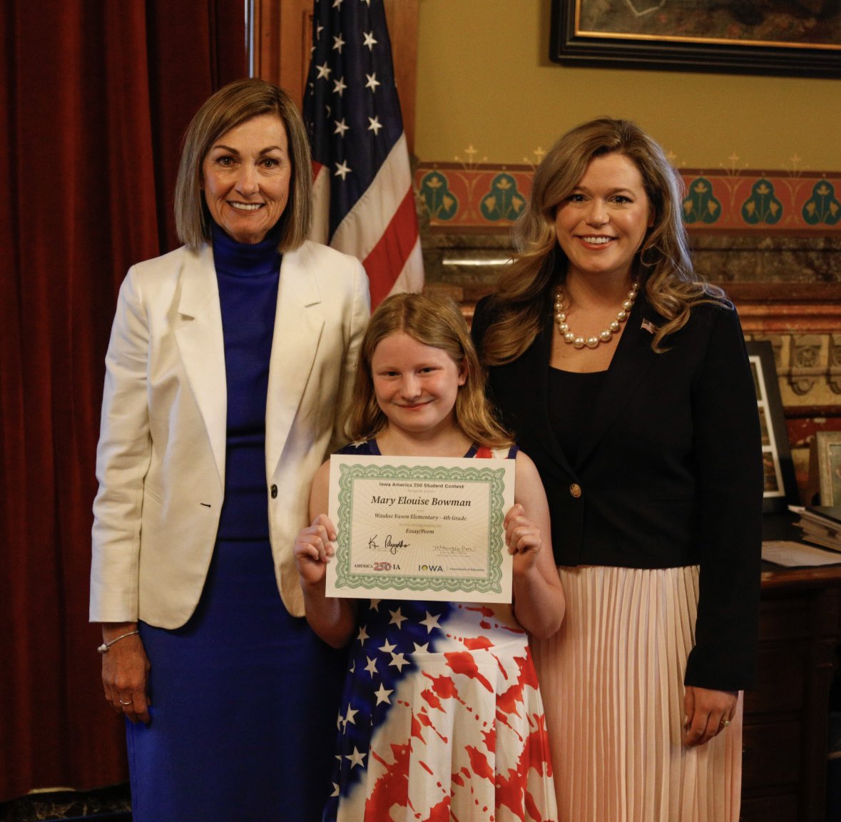 bowmama's tweet photo. So proud of our daughter for winning the Iowa 250 contest! 🇺🇸 She met @IAGovernor in her office, and her poem, honoring the generations who fought, and continue to serve this country, will be displayed at the @IowaStateFair. Hope for the next generation and the future! 🇺🇸 https://t.co/h1PLAr2i8O