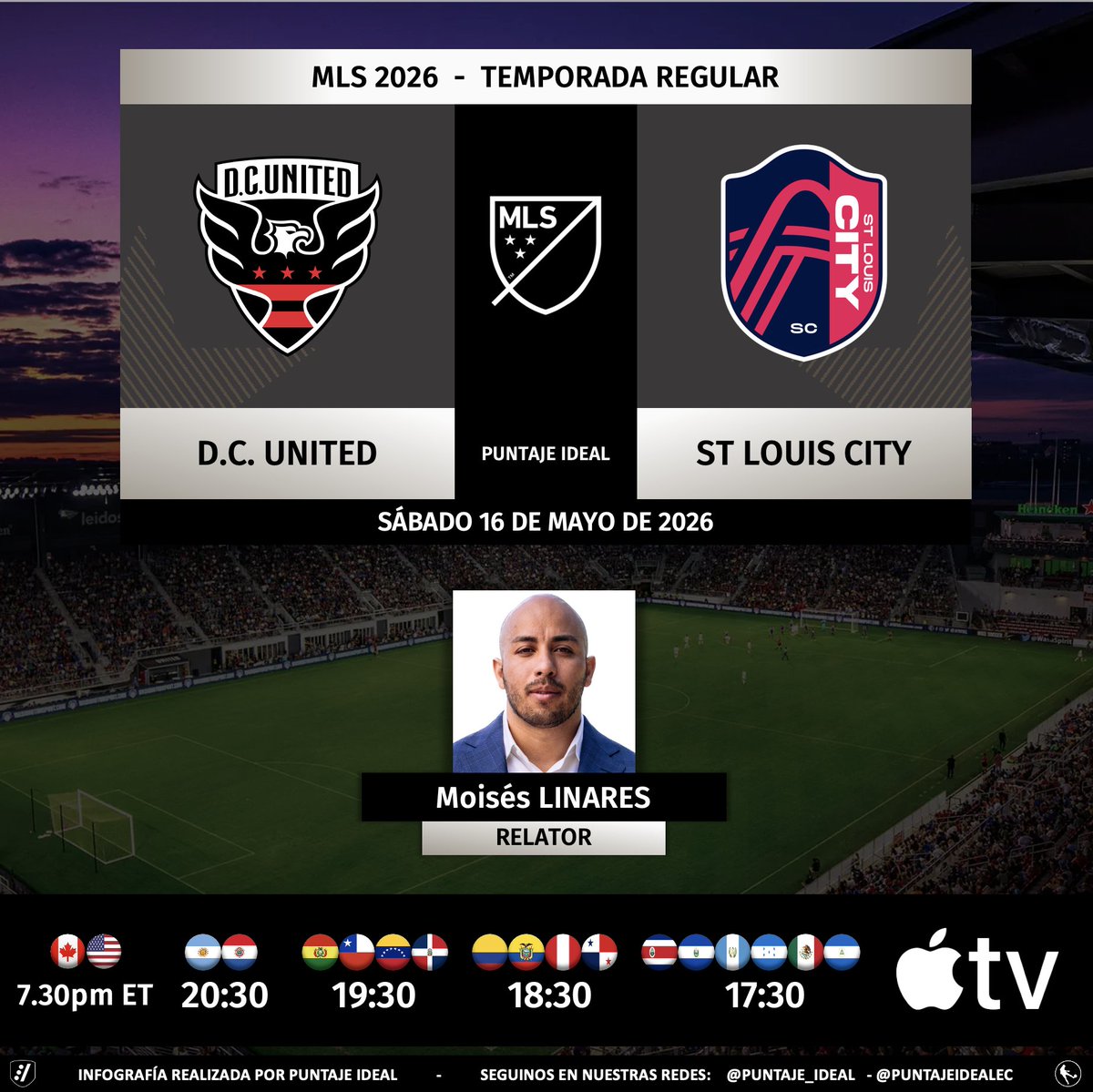 PuntajeIdealEC's tweet photo. ⚽️ #MLS 🇺🇸 | #DCUnited vs. #STLouisCity
🎙️ Relator: @MlinaresDC
💻📱@AppleTV
🤳#DCvSTL
Dale RT 🔃 https://t.co/S56CxI2SBp