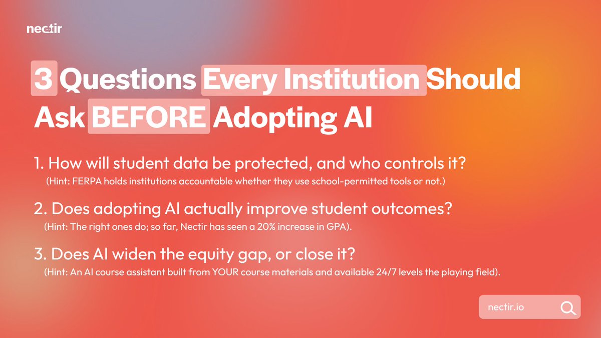 NectirEducation's tweet photo. Schools are shopping for AI tools right now. It’s worth asking: who controls your data, does it actually improve how students learn, and does it close the equity gap or make it worse? The schools getting this right are building something students can actually trust. https://t.co/u4EqGFjtSo