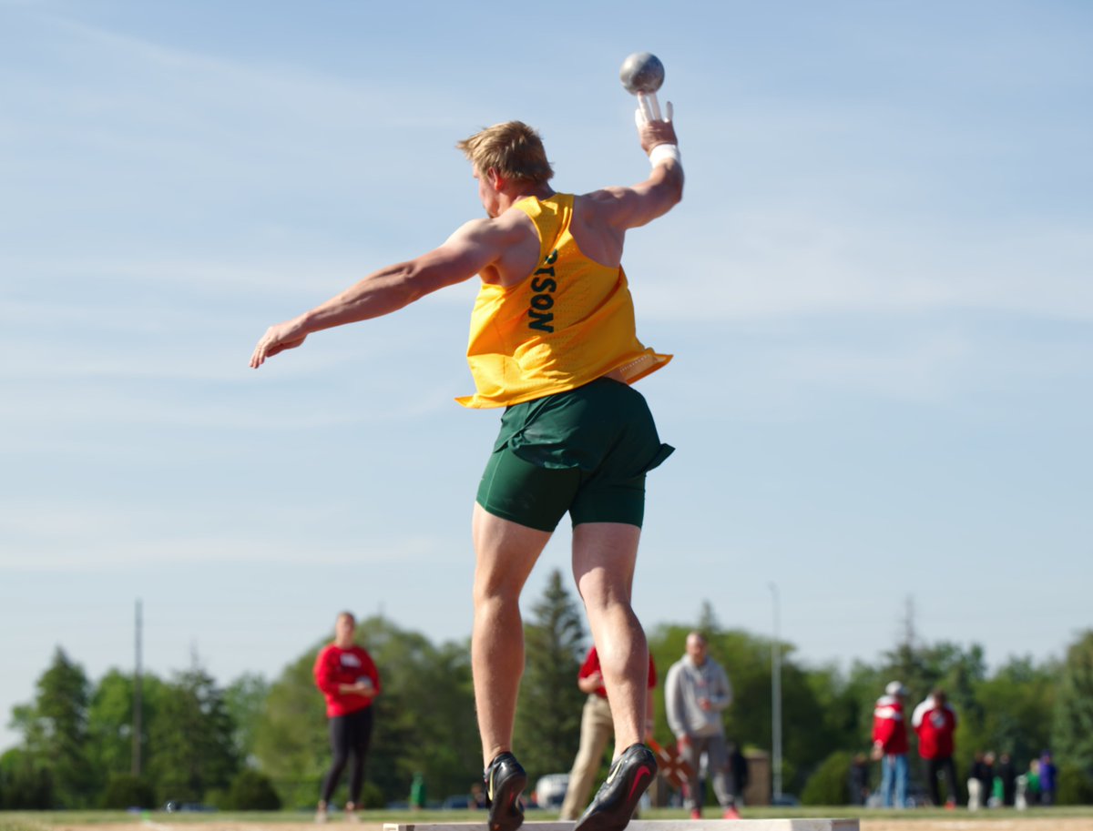 NDSUTrackField's tweet photo. The Bison men finished 2-3-4 in the shot put at the Summit League Championships.

2. Kaden Pastian, 61-09.00 (18.82m)
3. Paul Hoekman, 56-10.00 (17.32m)
4. Jack Packer, 55-01.50 (16.80m)

Pastian's personal-best moves him up to 7th in NDSU history. https://t.co/FtsK8pGxaI