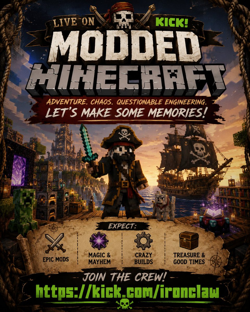 Ironclaw84's tweet photo. 🏴‍☠️ Hoist the sails, ye blocky buccaneers! Tonight we dive into a modded Minecraft adventure full o’ chaos, magic, and questionable engineering decisions. Come join the crew! ⚒️🔥
https://t.co/5FAsn2PcM8 https://t.co/tSBaHVrb9M