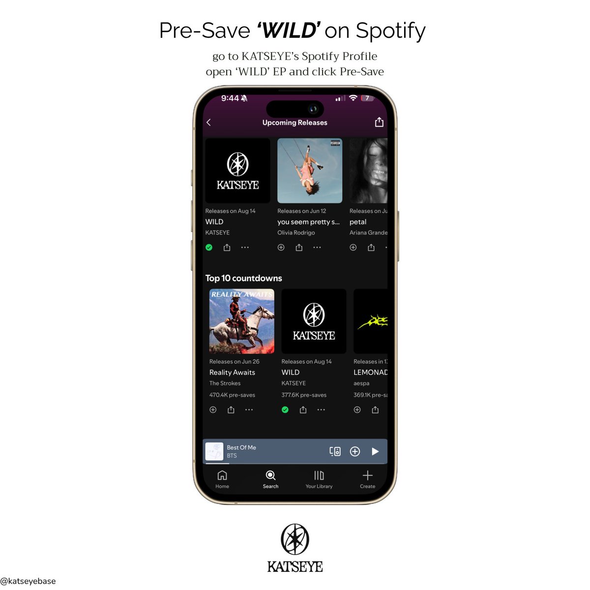KATSEYEBASE's tweet photo. KATSEYE’s 3rd EP ‘WILD’ remains inside Spotify’s “Top 10 Countdowns,” earning 45.5K pre-saves this week (May 9–15).

Day 30 — 377.6K (+6.7K)
Day 29 — 370.9K (+8K)
Day 28 — 362.9K (+4.2K)
Day 27 — 358.7K (+5K)
Day 26 — 353.7K (+7.2K)
Day 25 — 346.5K (+8K)
Day 24 — 338.5K (+6.4K)

It managed to chart despite having no album cover, no teaser and no fan project support.

Pre-save now by following the tutorial below, or simply use the link provided:
https://t.co/Wfcs4jHFka