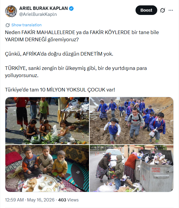 ArielBurakKapln's tweet photo. 14 sene önce, bir sitedeyim. Arkadaşımla kalıyorum. HAVUZLU falan. Büyük bir siteler grubunun içindeyiz.

Hemen yanımızda da, KÖY EVLERİ var. Bölge aslında, aşama aşama KÖYLÜDEN ARAZİ alınarak büyüyen bir yer.

HAVUZ başında SİTE TOPLANTISI yaptılar. Biz de katıldık.

O toplantılarda dandik tuzlu çörekler dağıtılır ya? Masada meyva suyuyla hani...

Ufak ufak ÇOCUKLAR, siteye giriyorlar. Ama niye giriyorlar anlamıyoruz. Hatta, bir kaçına ben kızdım. Dışarı çıkardım.

Sonra bir tane KIZ ÇOCUĞUNUN elinde ufak ÇÖREKLERDEN gördüm. Kafamdan kaynar sular döküldü.

Beğenmediğimiz için el sürmediğimiz adi tuzlu çörekler, bu ÇOCUKLAR için LÜKS GIDA idi.

Bunun üzerine açtım kapıyı ben de, hepsini soktum içeri.

TÜRKİYE'de gözlerden ırak çok büyük FAKİRLİK var.

Ve bu ülkede KURBAN dağıtımı yerine, bir AFRİKA uydurdular.

Tabii, AFRİKA'da paraları İNDİRAGANDİ kolay.

TÜRKİYE'de zor.

Lütfen KURBANLARINIZI burada kesin ve de özellikle FAKİRLERİ bulup dağıtın.