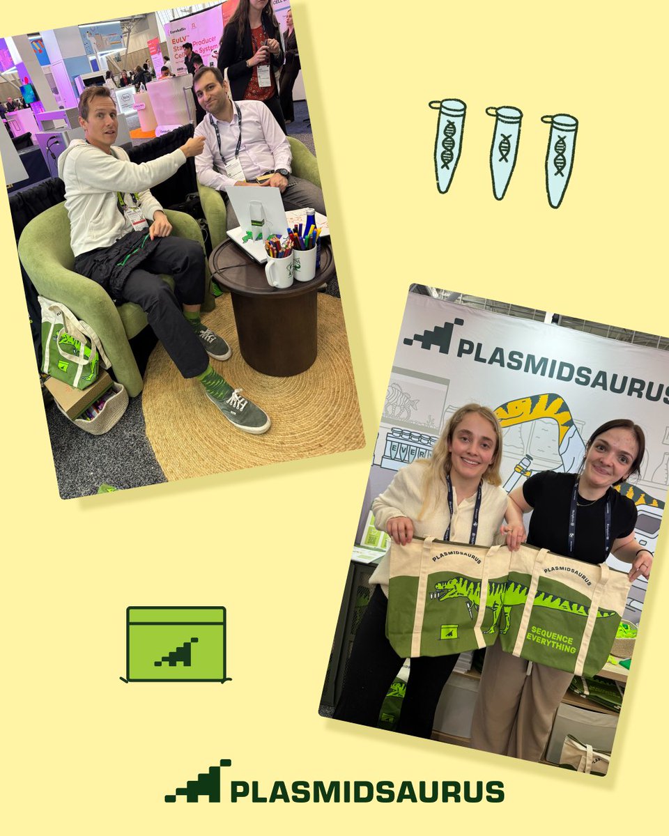 plasmidsaurus's tweet photo. Another incredible ASGCT in the books! 🦖
We loved connecting with so many scientists from our dino community, from longtime customers to researchers just hearing about us for the first time.

Our booth was buzzing all week, and it was exciting to see so much interest in our newest offerings: RNA-seq and Genotyping Analysis. We had some great conversations around the growing need for fast turnaround and reliable, actionable results.

We were also thrilled to see a packed house at our lightning talk, where we shared some of our favorite customer success stories from over the years.

And somehow, you all created an astounding 60 dino drawings at the event! That honestly might be the most important metric of all. 🎨🧬

Thanks to everyone who stopped by to chat and nerd out about sequencing with us. Already looking forward to next year!