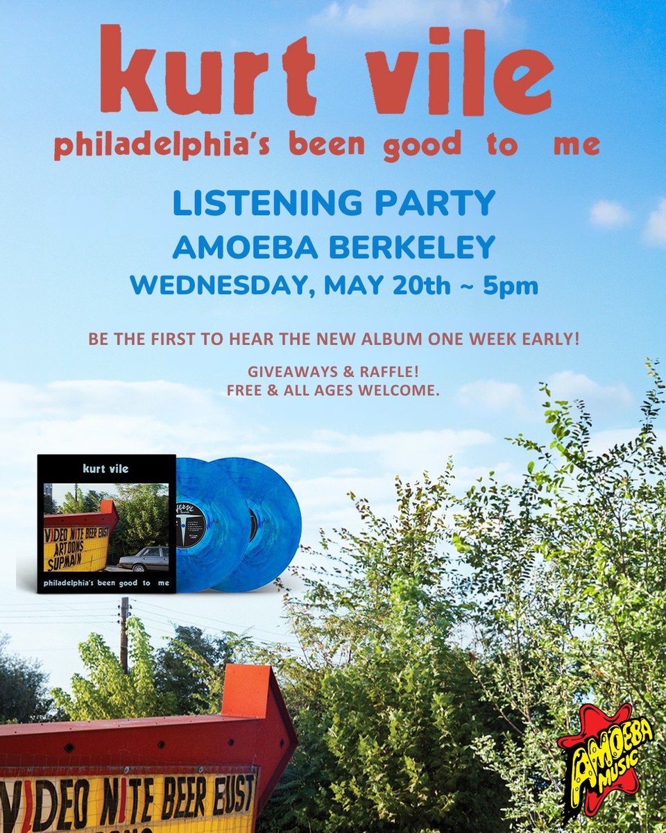 amoebamusic's tweet photo. .@AmoebaBerkeley is having an advance listening party for @therealkurtvile's new album "Philadelphia's Been Good To Me" this Wednesday, May 20th at 5pm! Hear the album early, get a free poster &amp; enter the raffle!

Info: https://t.co/yQgUCTIpCg

#ListenTogether #ListenToKurtVile https://t.co/9V9XxWmBNh