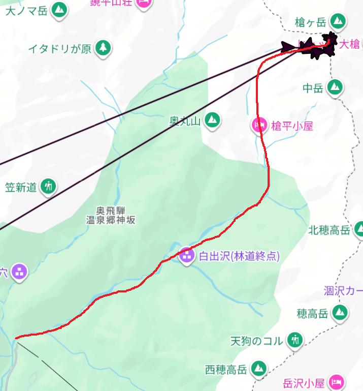 MakeRieki's tweet photo. GWに新穂高から槍ヶ岳に行った時のココヘリのGPS履歴を見てみた。歩いたのは赤線。ほとんど取れてないけど、こんなもの？
#槍ヶ岳
#ココヘリ https://t.co/5g2sMlKBmw