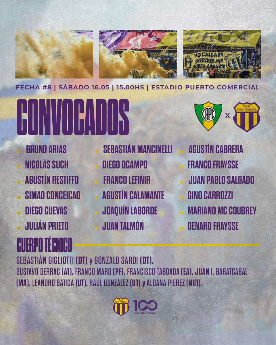ClubTiro's tweet photo. #LigadelSur ⚽️ | 📋 Los convocados por la dupla Gigliotti - Sardi para el partido de este sábado 🆚 Comercial en Ingeniero White.
⠀⠀⠀⠀⠀⠀⠀⠀
#VamosTiro 💜💛💜
#sentidodepertenencia https://t.co/vjMmeHYRLH